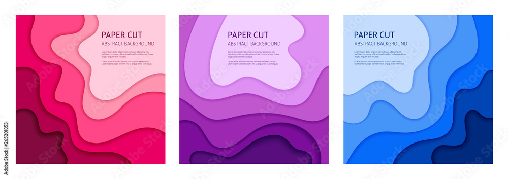 3d effect abstract background. Colorful cut out paper, set of 3 vector design templates.