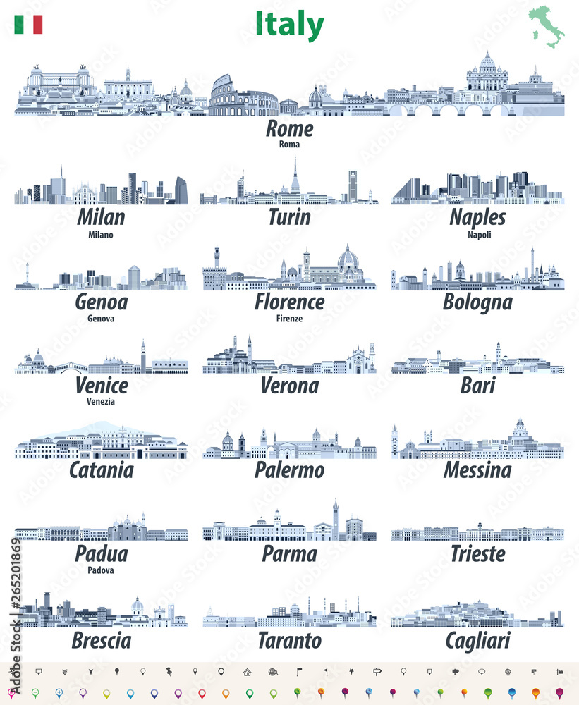 Italy cities skylines  vector illustrations in tints of blue color palette