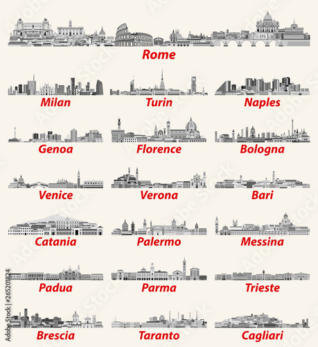Italy cities skylines in black and white color palette. Vector high detailed illustrations