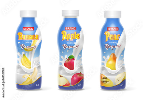 Yogurt bottles set with fruits banana, apple, pear. Realistic collection.