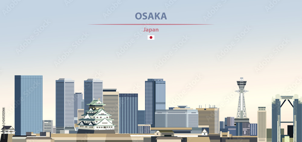 Naklejka premium Ilustracja wektorowa panoramę miasta Osaka na kolorowe gradientowe piękne tło dzienne