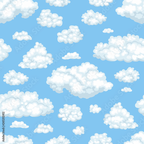 Vector clouds in the blue sky seamless pattern. Background illustration with cloudy sky in cartoon flat simple style.