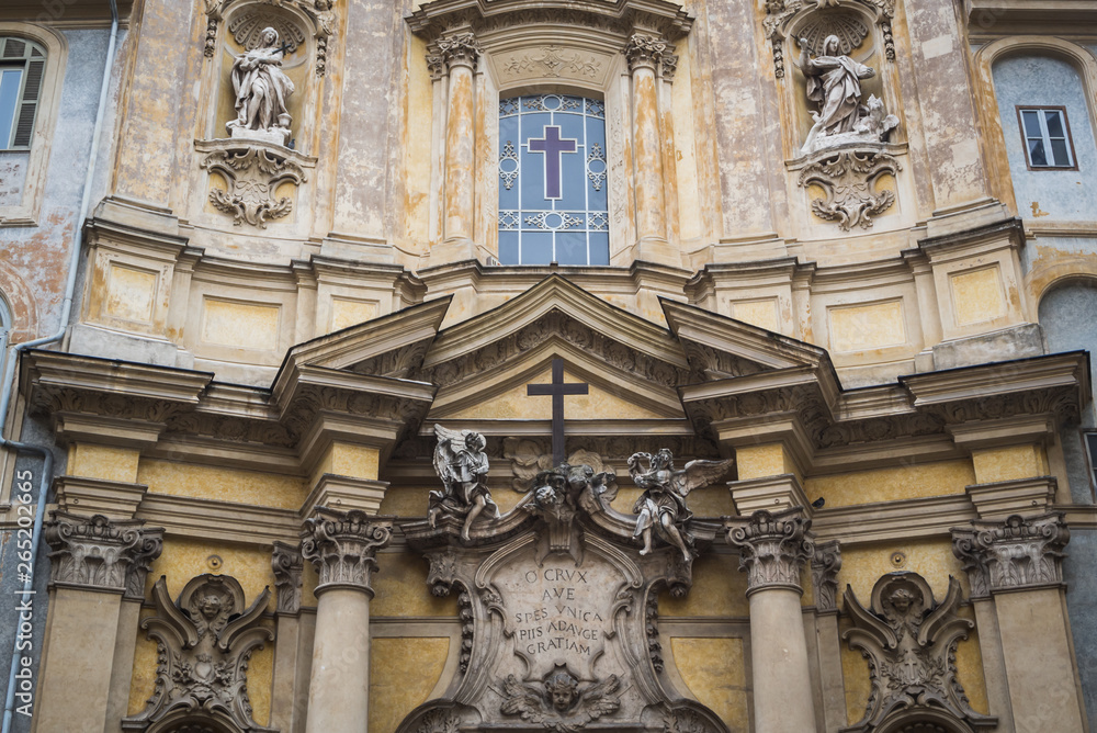 Close-up on the facade of an ancient and sublime Roman church