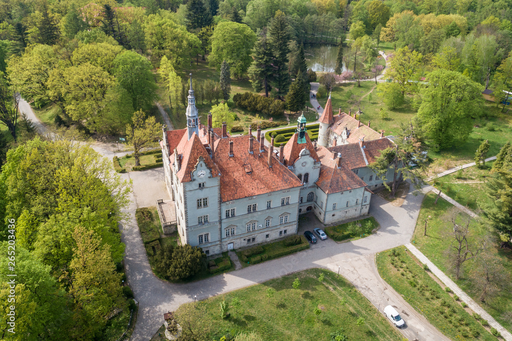 Aerial view of castle-palace of the Count Schonborn near Mukachevo, Zakarpattia region, Ukraine. Aerial view of castle-palace of the Count Schonborn near Mukachevo, Zakarpattia region, Ukraine.