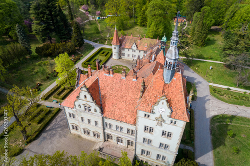 Aerial view of castle-palace of the Count Schonborn near Mukachevo, Zakarpattia region, Ukraine. photo