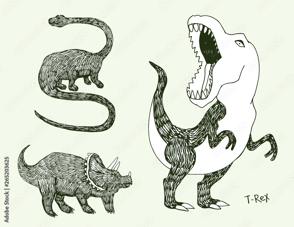 Obraz premium Apatosaurus triceraptor and angry tyrannosaurus rex with open huge mouth sketch. Hand-drawn dinosaur set. Animal vector illustration