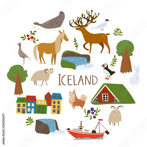 Iceland nature vectorin a circle with  symbols of landscapes, animals and architecture. .