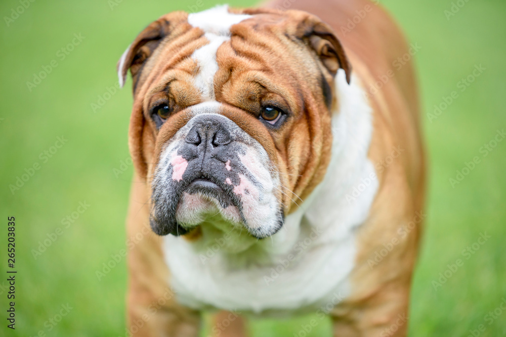 Close up portrait of beautiful English bulldog outdoor,selective focus