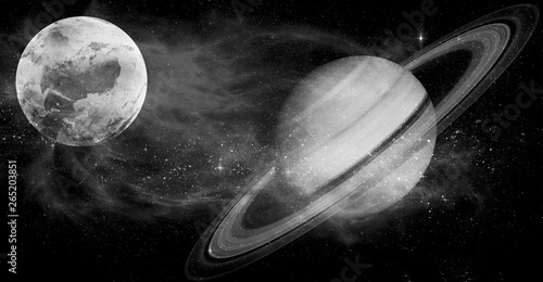 Spiral galaxy and planet in outer space,black and white image.