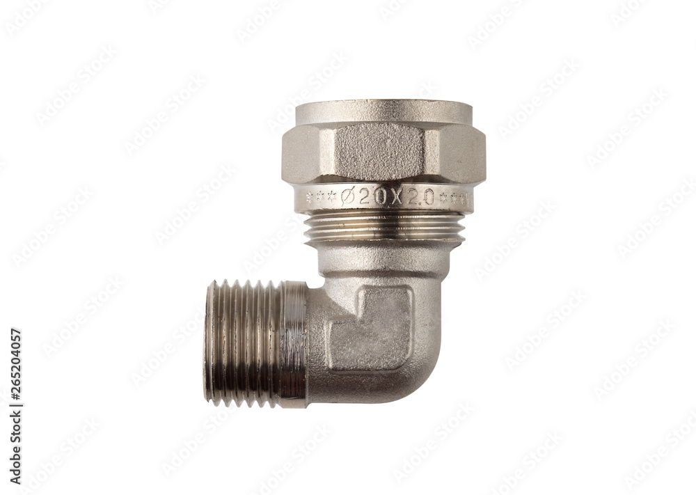 Water fitting on a white background. Brass fitting close-up. Water fitting on a white background. Brass fitting close-up.