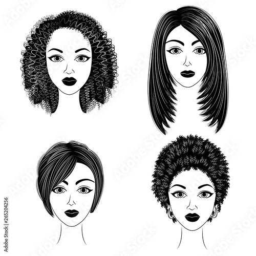 Silhouettes of heads of the lovely ladies. Collection. Girls show hairstyles for medium and short hair. Women are beautiful and stylish. Vector illustration