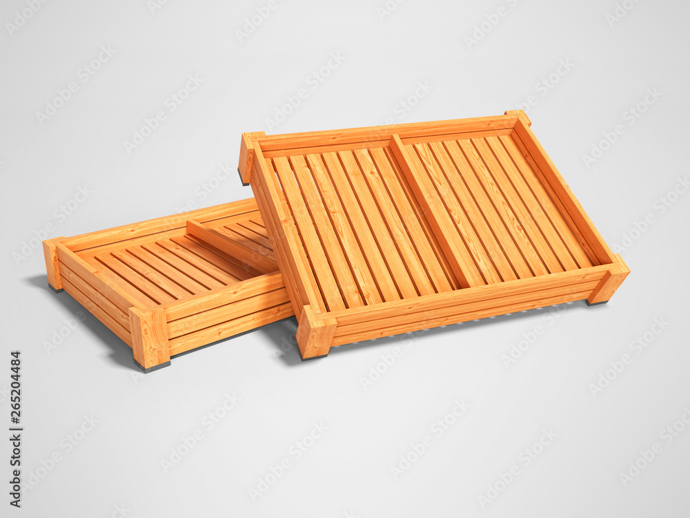 Wooden boxes pallets for the presentation of vegetables for sale 3d render on gray background with shadow