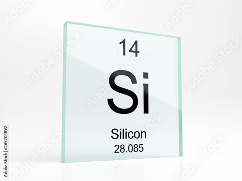 Silicon element symbol from periodic table on glass icon - realistic 3D render