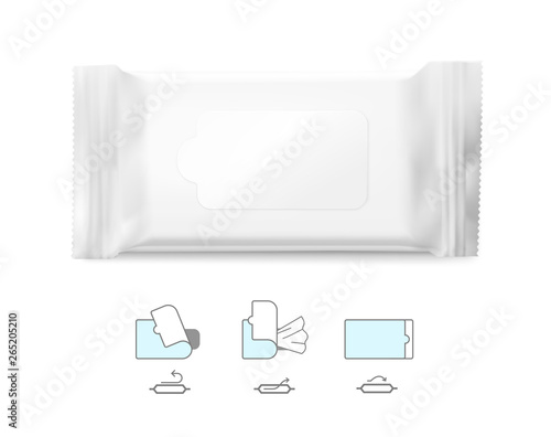 Realistic wet wipes mockup with signs. Vector illustration isolated on white background. Can be use for your design, promo, adv and etc. Possibility for food, pharmaceutical, cosmetic. EPS10.