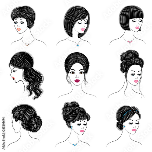 Collection. Silhouette profile of a cute lady's head. The girl shows her hairstyle for medium and long hair. Suitable for logo, advertising. Vector illustration set