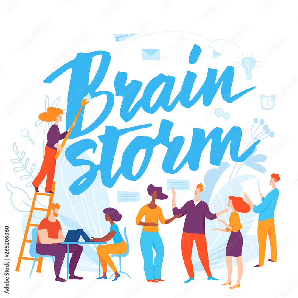 Vector concept brainstorm business illustration with cartoon working people. 