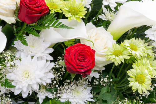 Beautiful floral background  red and white flowers closeup  Flat Lay. White and green chrysanthemum  red rose  Gyps  phila and Calla.