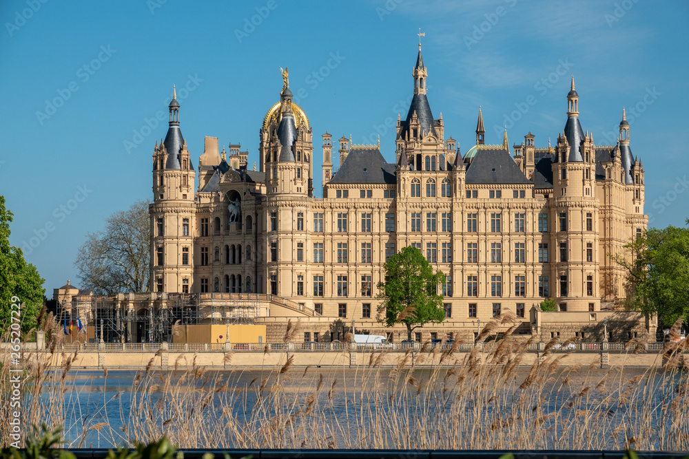 the Schwerin castle in spring in the most beautiful weather before blue sky