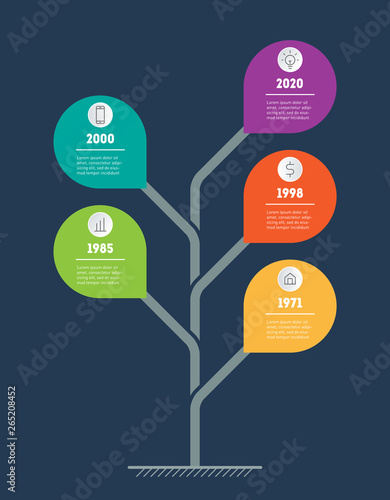Business presentation concept with 5 points. Web Template of tree with leafs, info chart or diagram. Vector. Infographic of technology or education process with five steps.