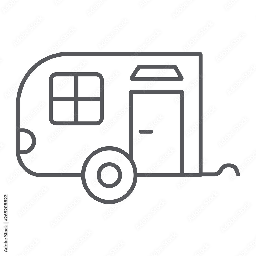 Trailer thin line icon, car and travel, vehicle sign, vector graphics, a linear pattern on a white background. Trailer thin line icon, car and travel, vehicle sign, vector graphics, a linear pattern on a white background.