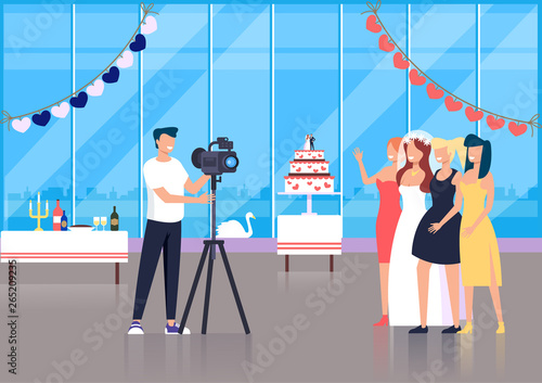 Professional photograph man character taking photo of wedding bride friends guests. Vector flat cartoon graphic design illustration
