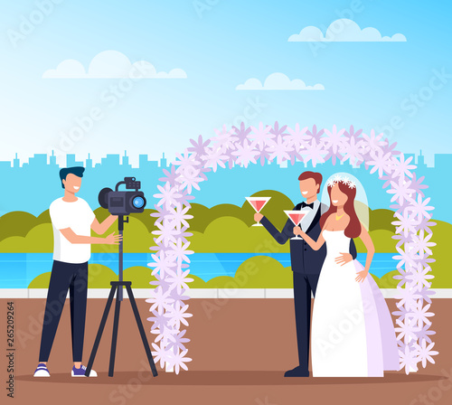 Professional photograph man character taking photo of wedding couple bride and groom in public park nature. Vector flat cartoon graphic design illustration