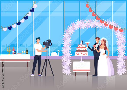 Professional photograph man character taking photo of wedding couple bride and groom. Vector flat cartoon graphic design illustration