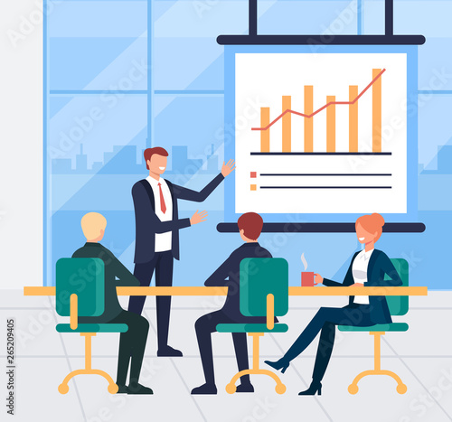 Businessman office worker character present business plan. Motivational lecture concept. Vector flat cartoon graphic design illustration concept