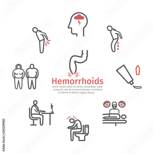 Hemorrhoids banner line icon Infographics. Vector signs for web graphics.