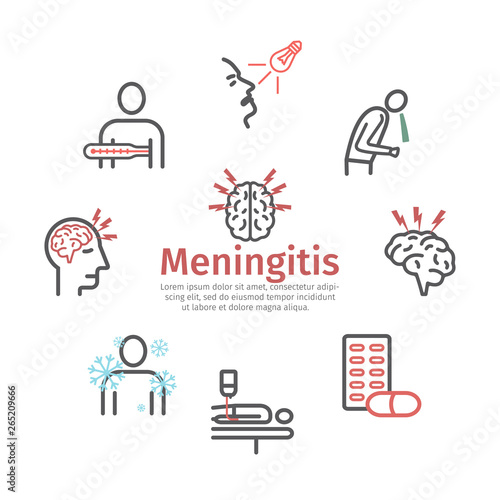 Meningitis banner. Line icons. Symptoms, Treatment. Vector signs for web graphics.
