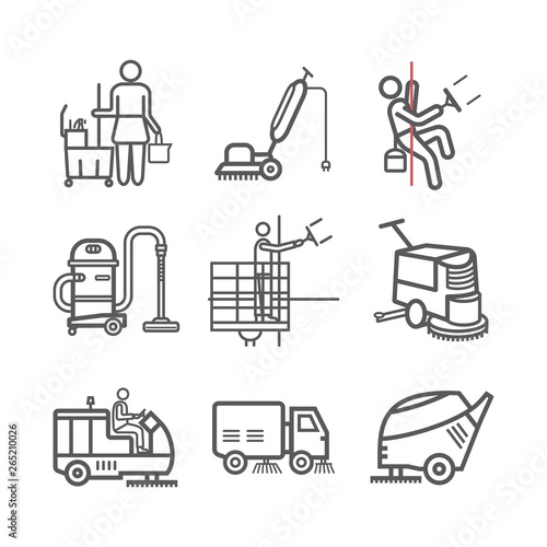 Cleaning Service line icons. Worker. Vacuum Scrubber. Sweeper Machines. Vector illustration.