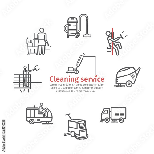 Cleaning Service banner. Worker. Vacuum Scrubber. Sweeper Machines. Vector illustration.