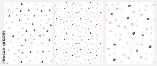 Set of 3 Geometric Seamless Vector Pattern with Pink, Gold and Gray Dots, Triangles, Stars Isolated on a White Background. Simple Lovely Confetti Rain. Bright Starry Layout. Cute Dotted Vector Design.
