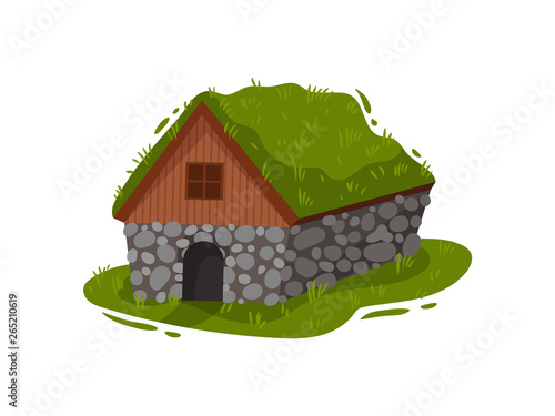 Traditional Icelandic stone house with a peat roof. Vector illustration.