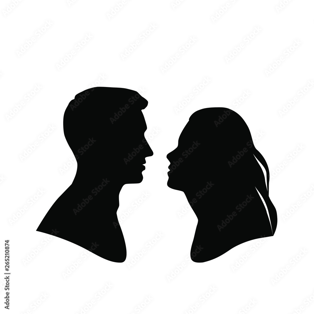 Silhouettes of man and woman, business profile avatar of two people, black color, isolated on white background