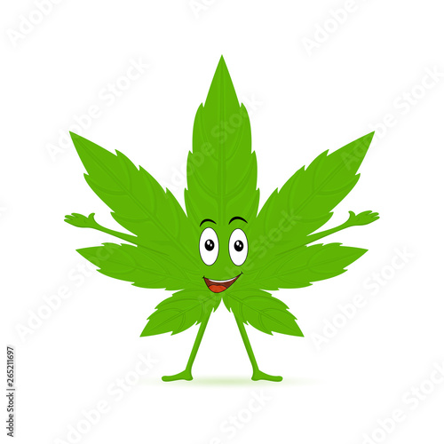 Cannabis cartoon fun character. Funny smiling happy marijuana weed green leaf face. Medical, ganja cannabis. Vector illustration Isolated on white background