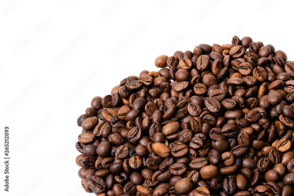 heap of coffee beans on white background