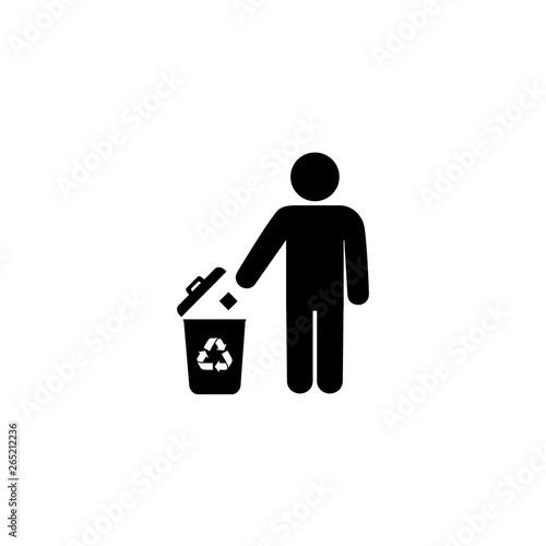Man and trash bin with recycle icon isolated on white background. Vector