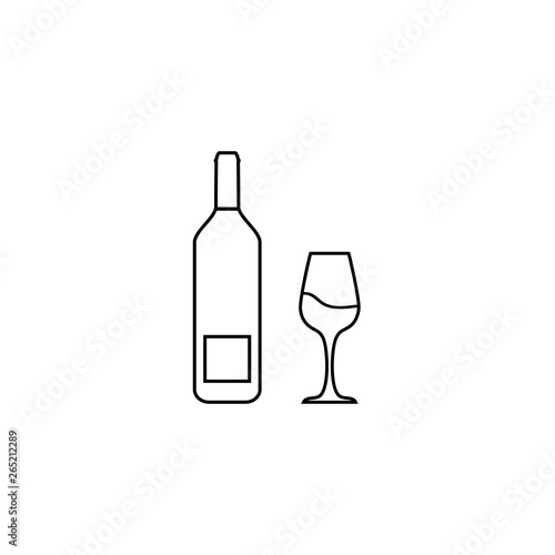 Wine bottle with wine glass outline icon. Minimal line design. Vector illustration