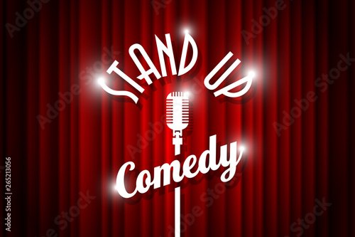 Stand up comedy night live show open mic on empty theatre stage. Vintage microphone against red curtain backdrop. Retro vector art image illustration