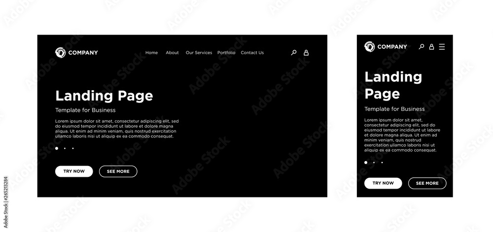 Landing page blank template desktop PC and mobile adaptive version. Site layout black background. Vector design for business corporate website or app Landing page blank template desktop PC and mobile adaptive version. Site layout black background. Vector design for business corporate website or app