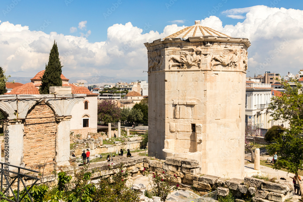 Athens, Greece. The Tower of the Winds, or the Horologion of Andronikos Kyrrhestes, an octagonal Pentelic marble clocktower in the Roman Agora