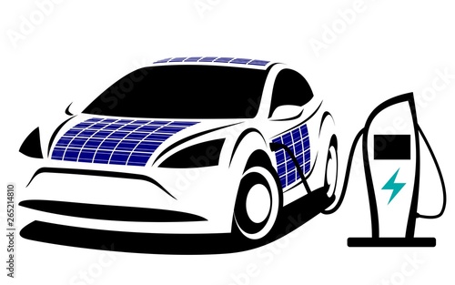 Vector illustration of a modern electric plug-in car with a sporty aerodynamic design and solar panels