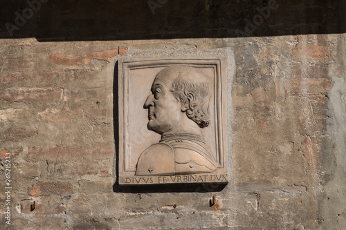 The effigy of Federico da Montefeltro, military leader and lord of Urbino during the Italian Renaissance. The Latin inscription means: 