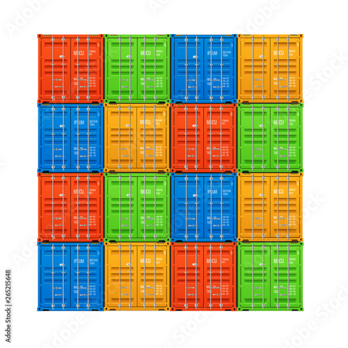 Freight shipping, stacked cargo containers. Realistic vector illustration on white background
