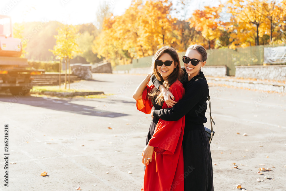 Portrait two beautiful happy girlfriends in the park. Portrait two beautiful happy girlfriends in the park.