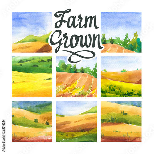 Set of watercolor illustration with landscape fields. Nature background. Organic farms. Eco growing. Agriculture.