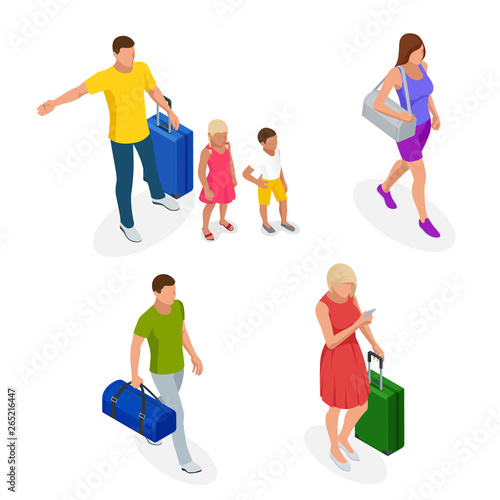 Isometric people with travel bag traveling on vacation. Character set. Active recreation, hiking and adventures.
