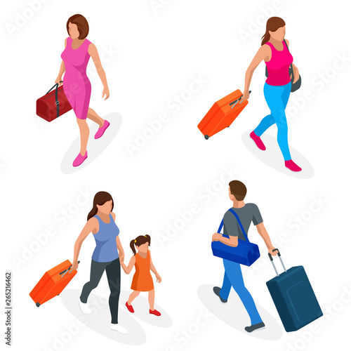 Isometric people with travel bag traveling on vacation. Character set. Active recreation, hiking and adventures.