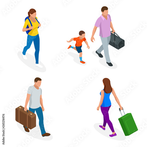 Isometric people with travel bag traveling on vacation. Character set. Active recreation, hiking and adventures.
